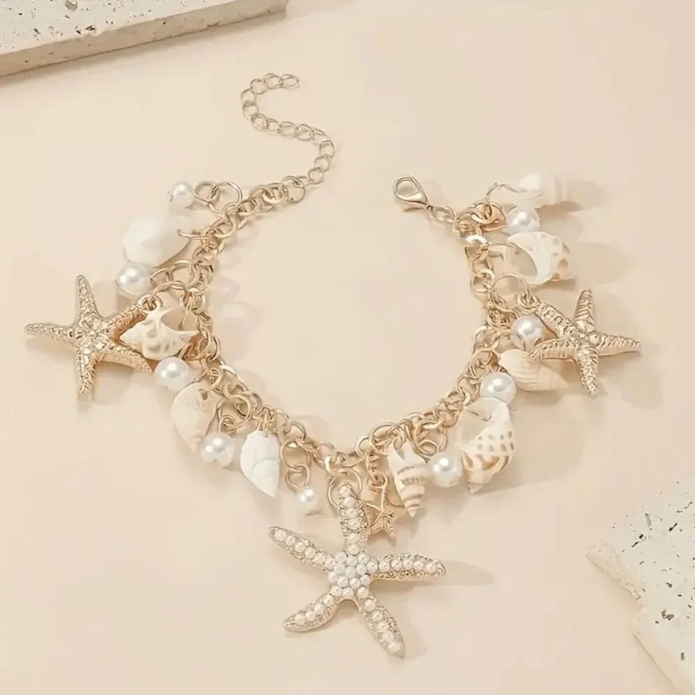 Chunky Golden Beach Starfish Concho Shell Pearl Bracelet or Anklet